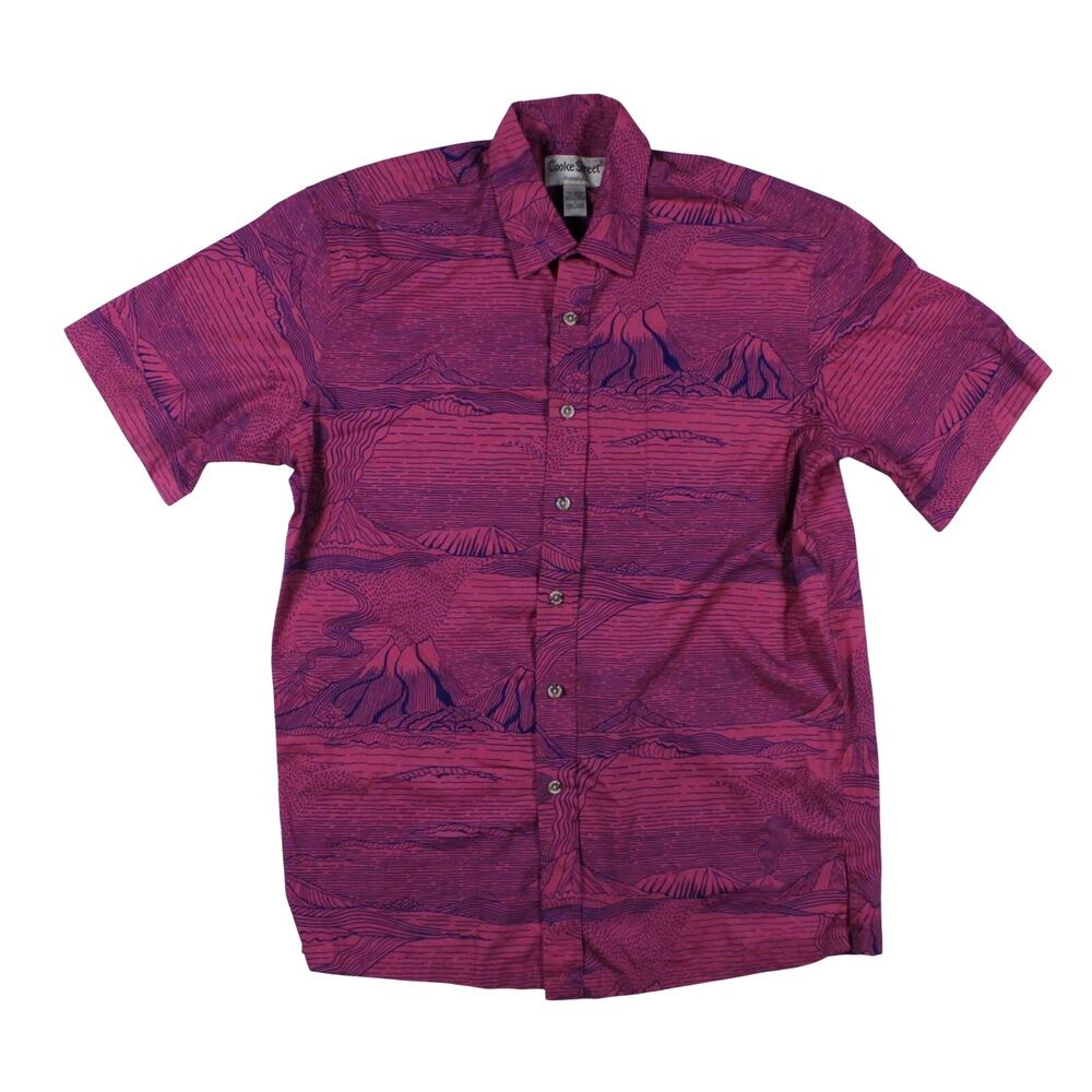Vintage Hawaiin Button up shirt short sleeve pink mountain volcano print 90s S